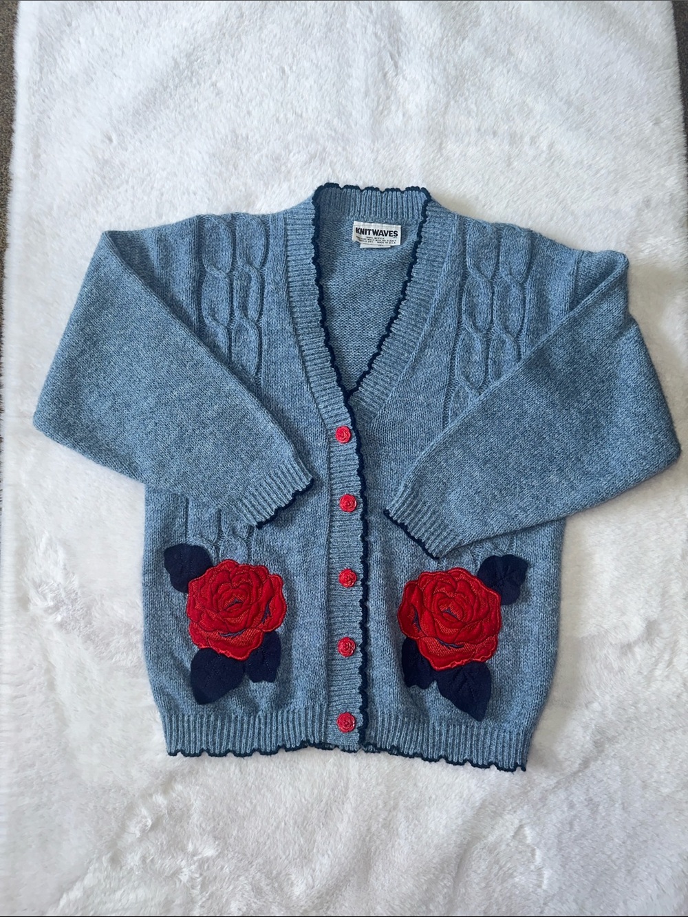 Women's Blue Cardigan Sweater with Red Rose Appliqué